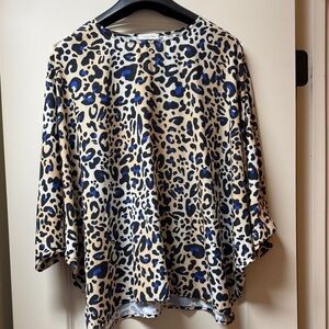 Cotton Bleu Leopard Print Blouse in Black, Blue, and Tan